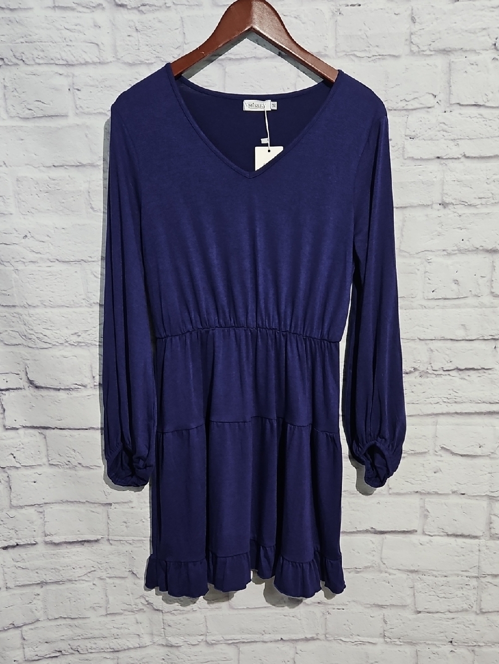 Navy V-Neck Tiered Long-Sleeve Dress